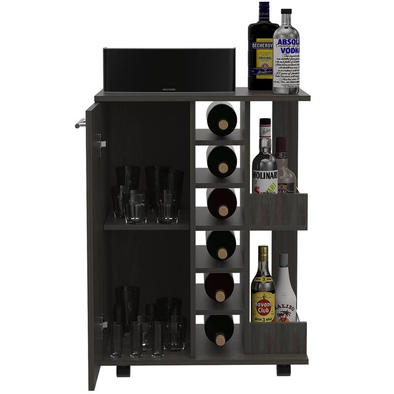 Tennessee Bar Cart, One Cabinet With Division, Six Cubbies For liquor, Two Shelves