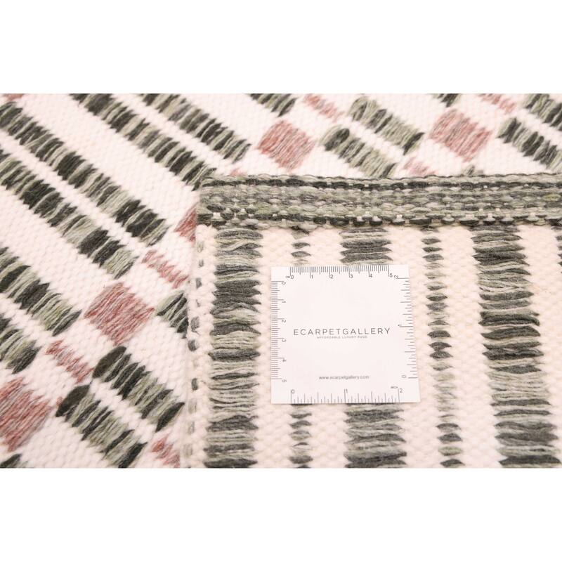 ECARPETGALLERY Flat-Weave Nevada Dark Green, Ivory Wool Kilim - 5'2 x 7'7