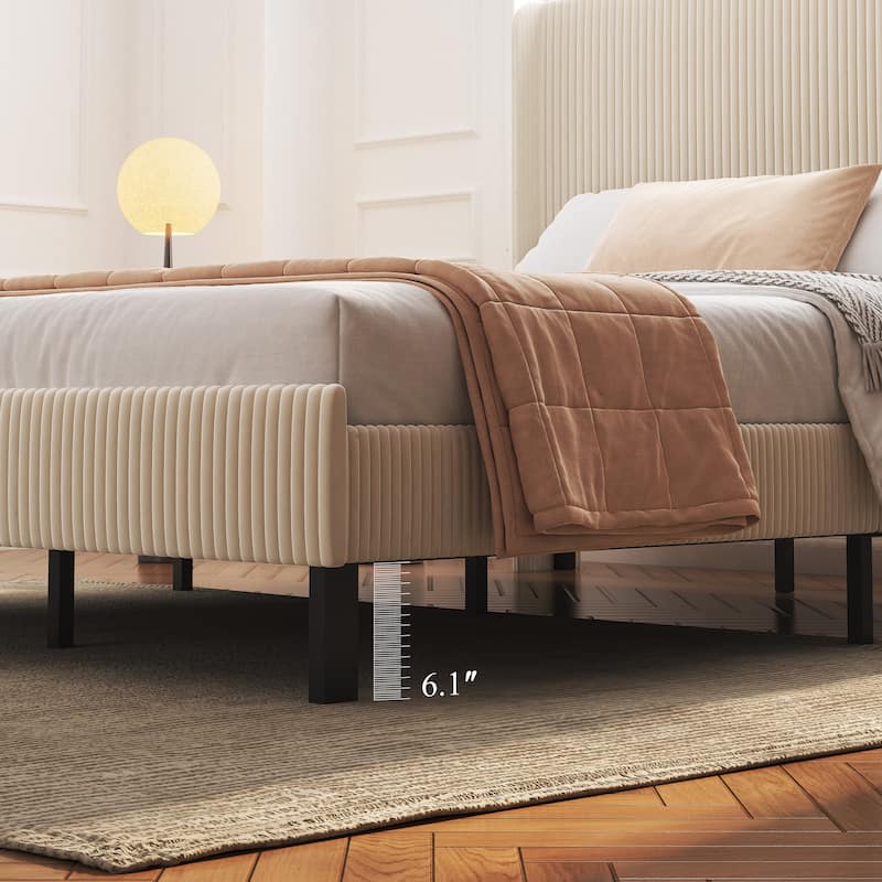 Beige Velvet Platform Bed Frame with Charging Station(Full/Queen/King）