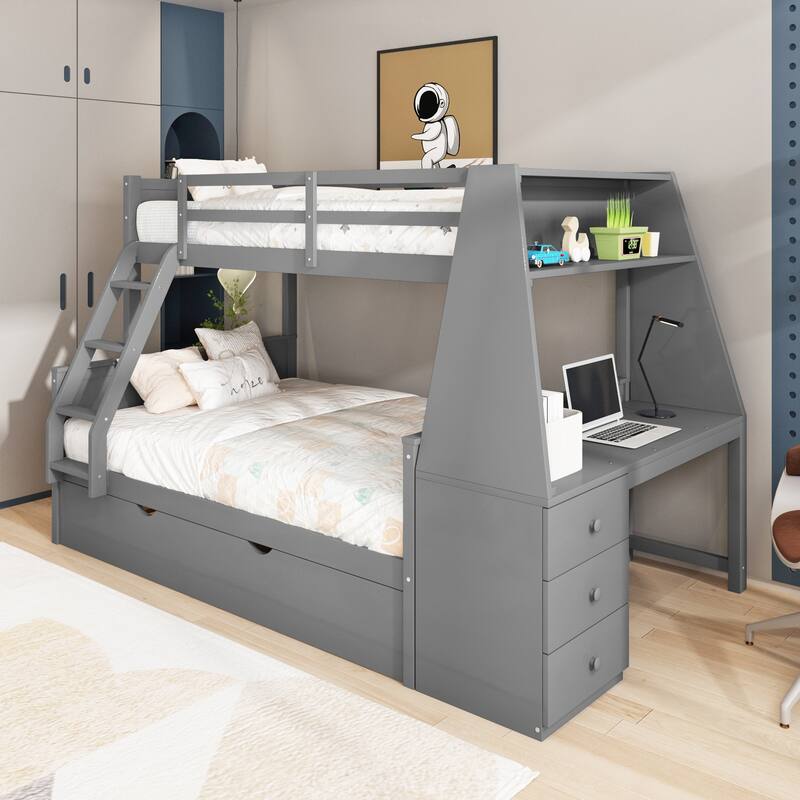 Twin over Full Bunk Bed with Trundle and Built-in Desk - Grey