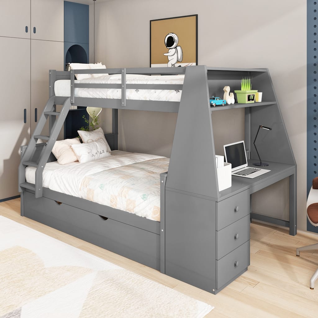 Twin over Full Bunk Bed with Trundle and Built-in Desk