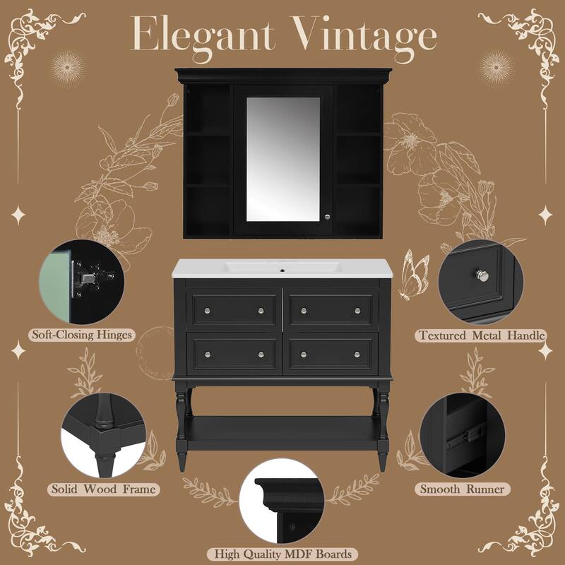 Roomfitters 36 Inch Bathroom Vanity with Medicine Cabinet, Solid Wood Frame Storage Cabinet with 4 Drawers and Shelf, Black