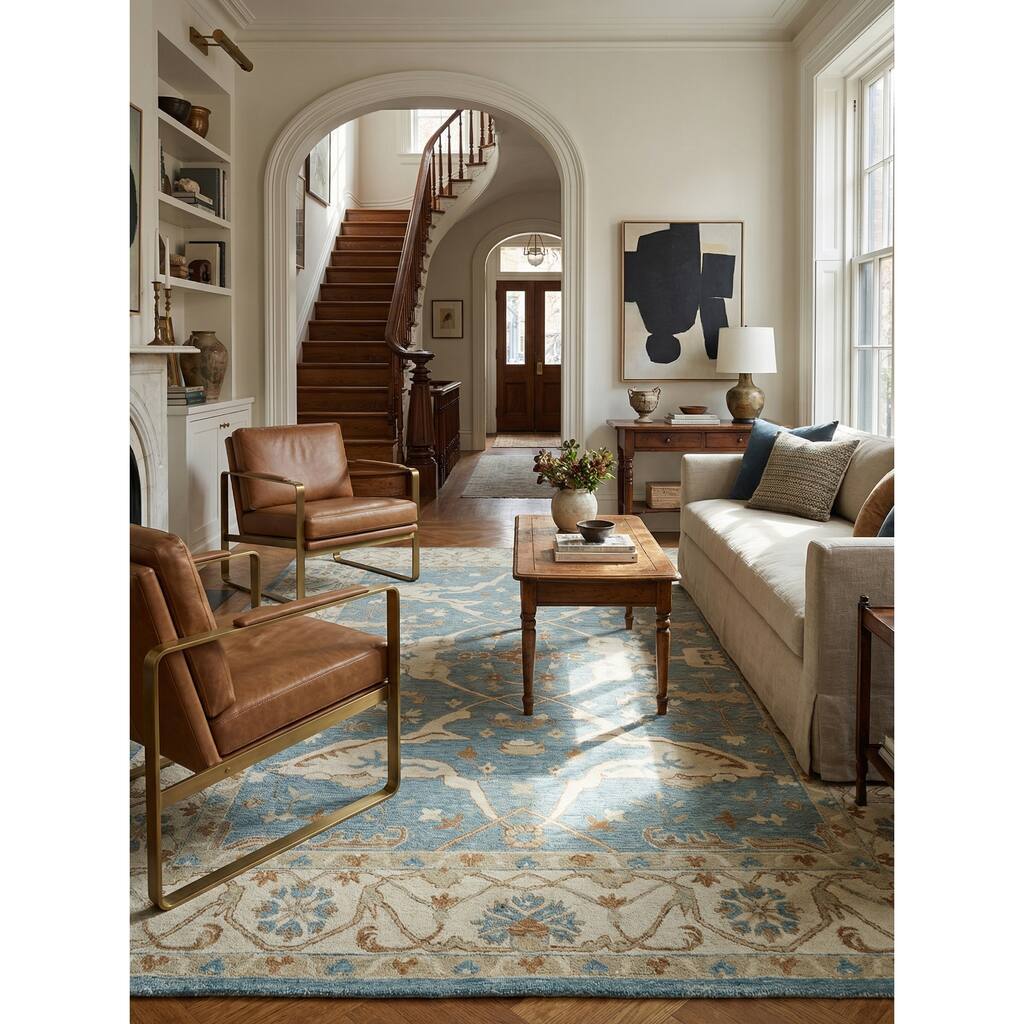 Exquisite Rugs Claremont Oushak Handmade Hand-tufted New Zealand Wool on Canvas Ivory/Light Blue Area Rug