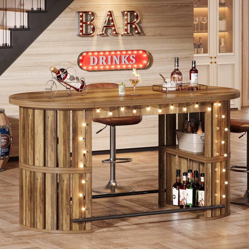 63" Industrial Bar Table Oval Home Bar Unit with Storage and Footrest