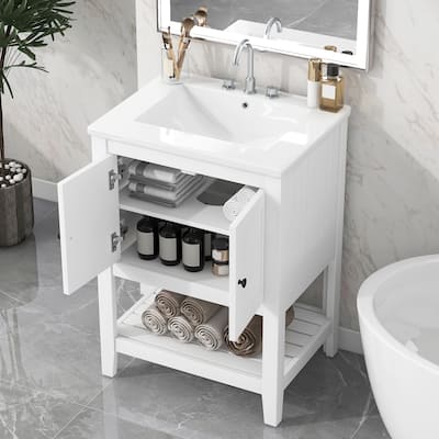 24" White Modern Sleek Bathroom Vanity Elegant Ceramic Sink with Solid Wood Frame Open Style Shelf