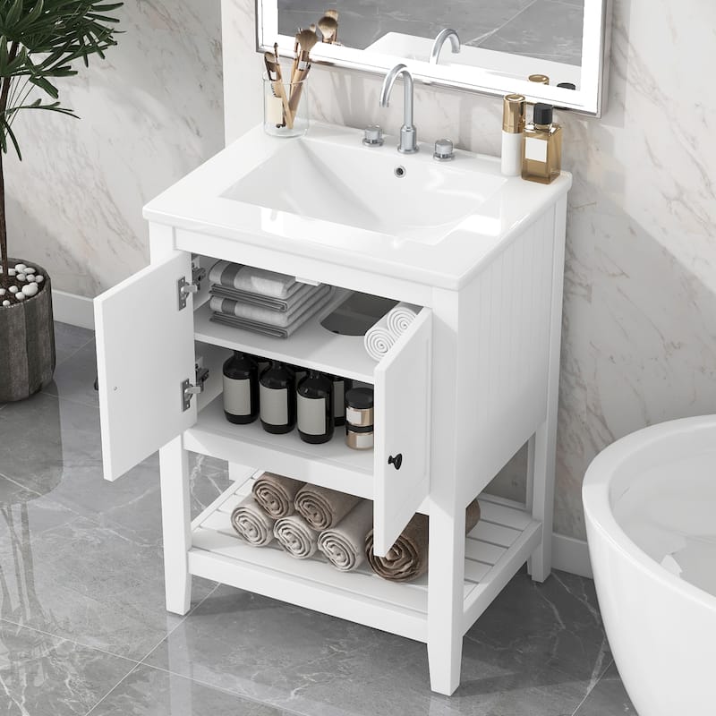 Anmytek White Modern Bathroom Vanity Ceramic Sink with Shelf - White