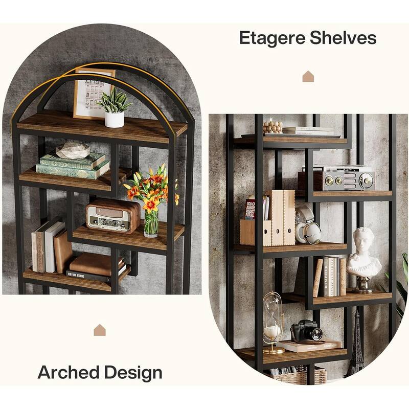 71" Tall Arched Bookshelf, Etagere Bookcase with Open Display Shelves
