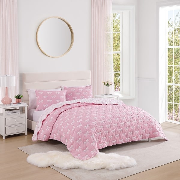 Ballet Bows Pink All-Season Soft Woven Matelasse Jacquard Reversible Cotton Blend Quilt Set