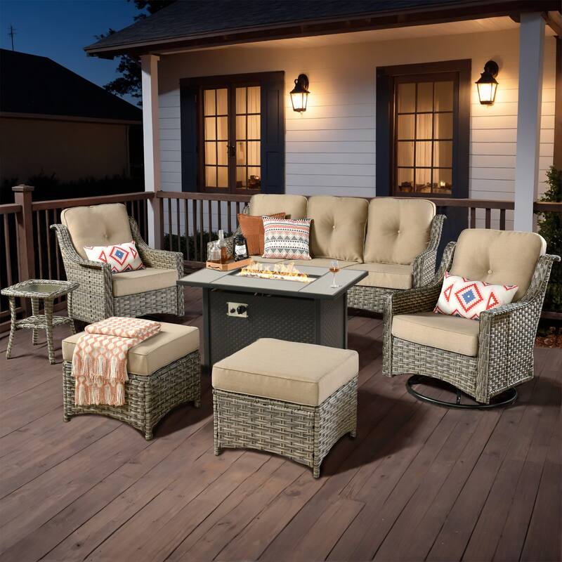 XIZZI 7-piece Patio Wicker Furniture High Back Chair Set with Firepit Table - Beige