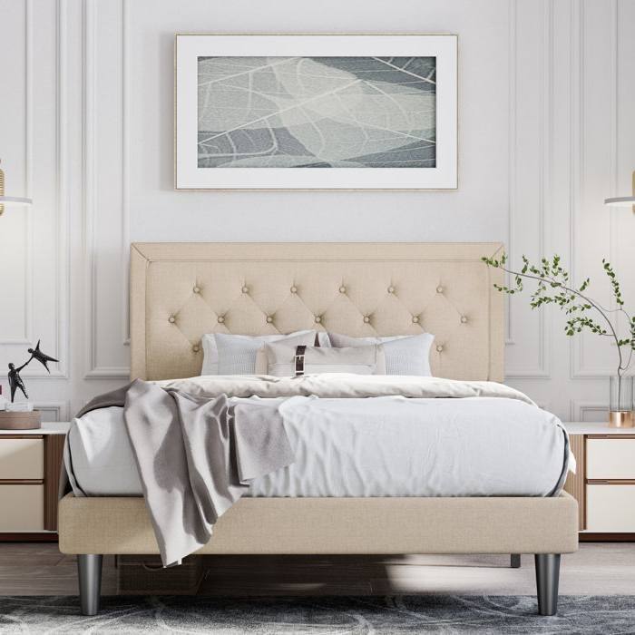 Linen Upholstered Adjustable Height Platform Bed with Button-Tufted Headboard - Beige - King