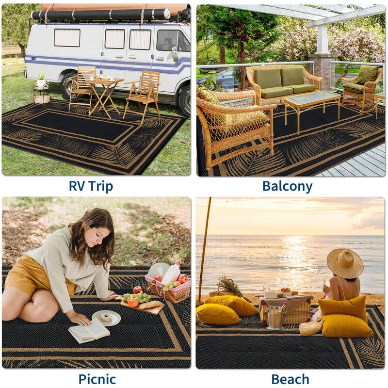 Outdoor Rug Waterproof Plastic Straw Rug Portable Camping Rug Leaves Pattern Outdoor Carpet for RV Porch Deck Camper