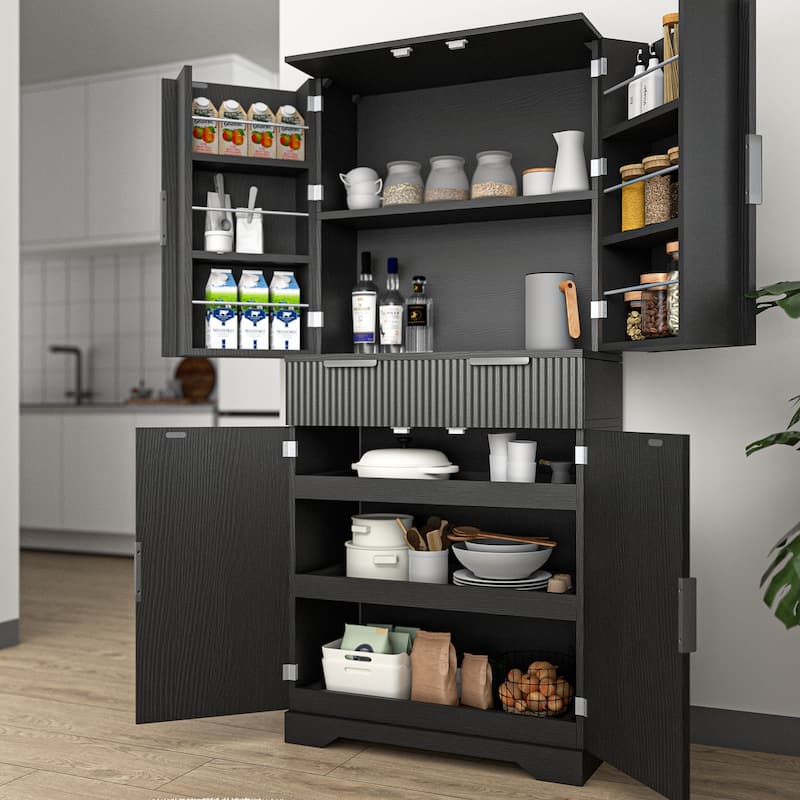 Kitchen Pantry Cabinet with 3 Keyboard Drawers and 6 Door Shelves - Black