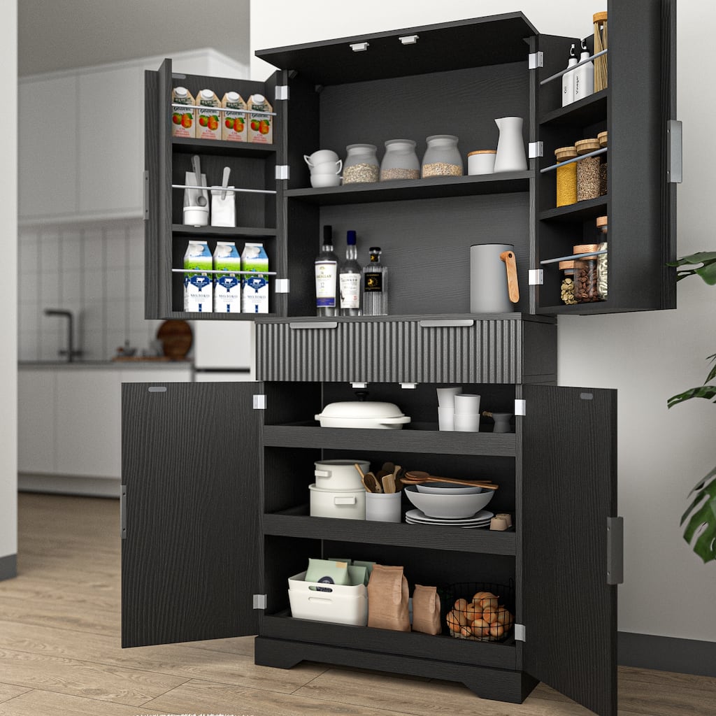Kitchen Pantry Cabinet with 3 Keyboard Drawers and 6 Door Shelves