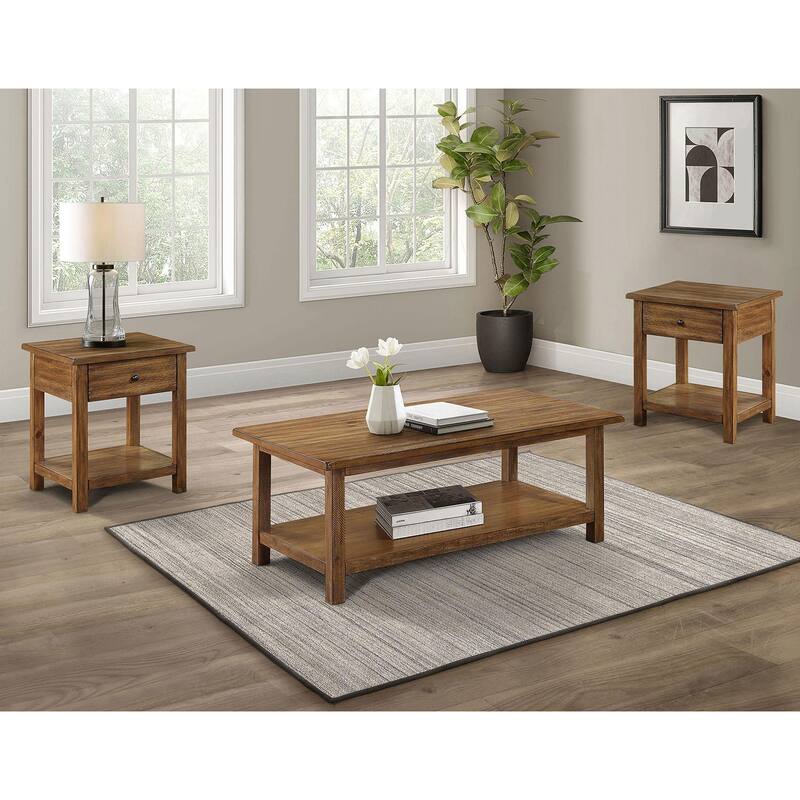3 Piece Wooden Table Set with Storage in Distressed Brown - 3 Piece