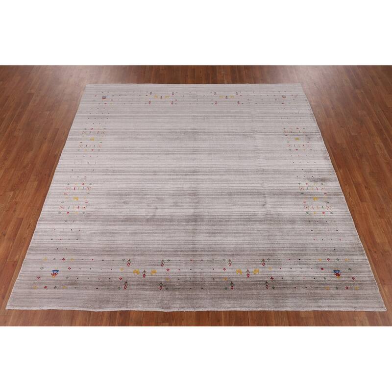 Striped Gabbeh Oriental Square Area Rug Handmade Silk Carpet - 7'11" x 7'9"