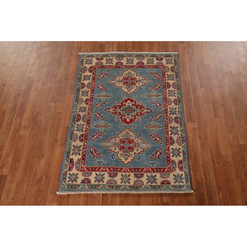 Light Blue Geometric Kazak Oriental Rug Hand-Knotted Wool Carpet - 3'4"x 4'10"