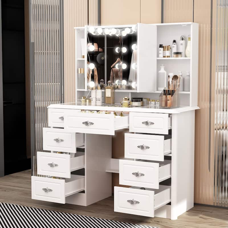 Modern White Makeup Vanity Fold Mirror Adjustable Lighting Dressing - 40.2"x54.1"