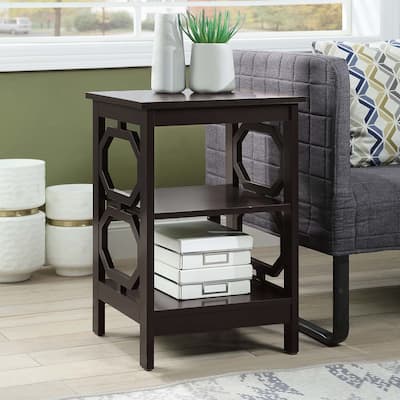 End Table with Octagon Cutouts and Three Tier Shelving, Sleek Contemporary Side Table for Storage and Décor in Any Room of Home