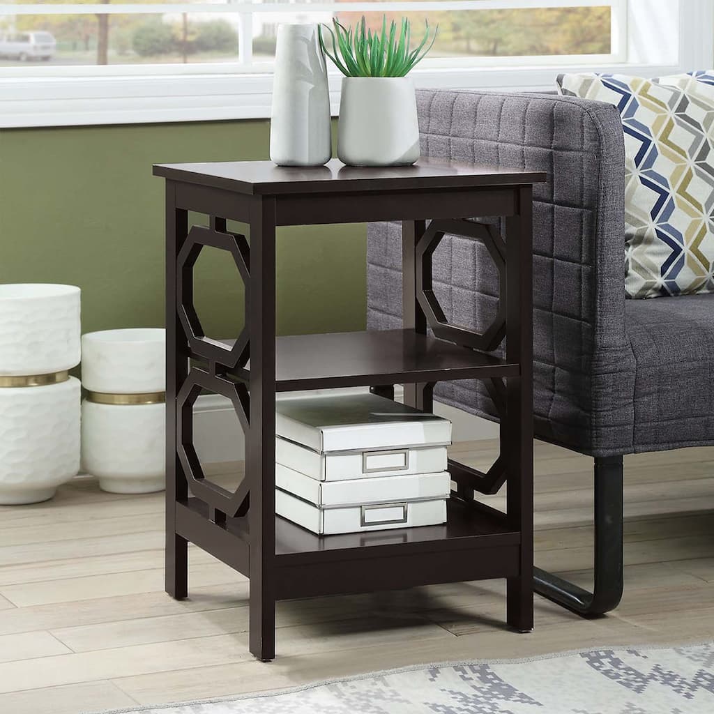 End Table with Octagon Cutouts and Three Tier Shelving, Sleek Contemporary Side Table for Storage and Décor in Any Room of Home