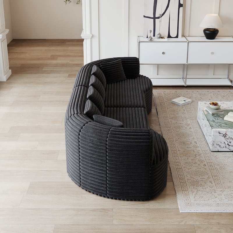 Corduroy Curved Chaise Sectional Sofa with Deep Seating and 6 Pillows