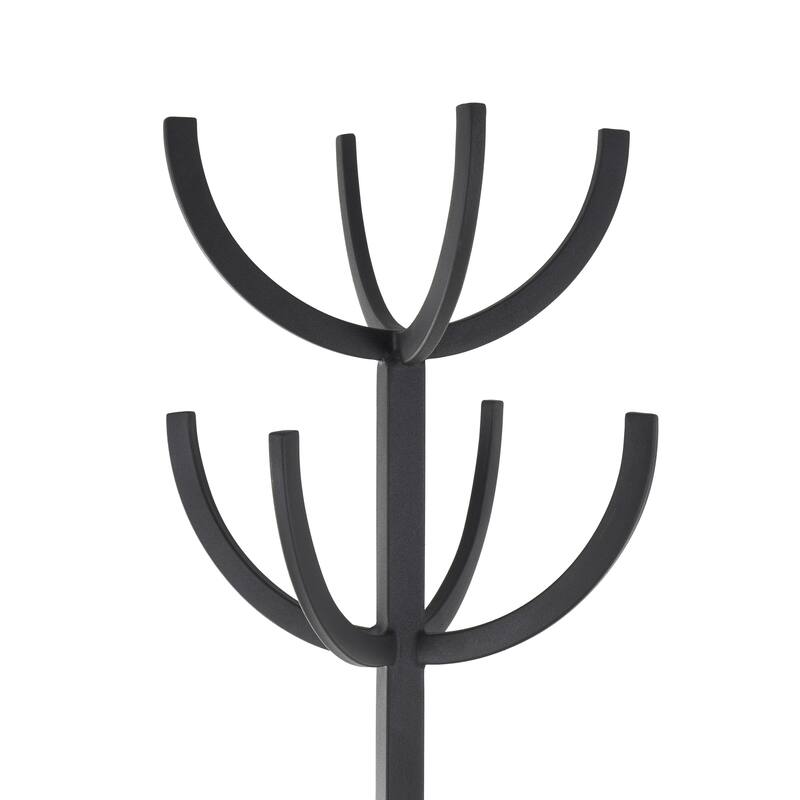 Black Metal 8 Hook Coat Rack with Ached Legs and Circular Center Storage
