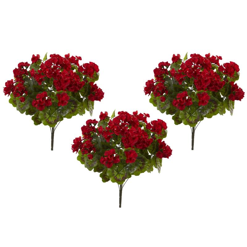 Set of 3 Geranium Outdoor Artificial Bushes 19"