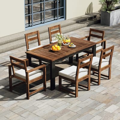 7 Piece Outdoor Patio Wood Dining Table Chairs Set w/ 2 Armchairs & 4 Side Chairs for Garden, Backyard or Poolside