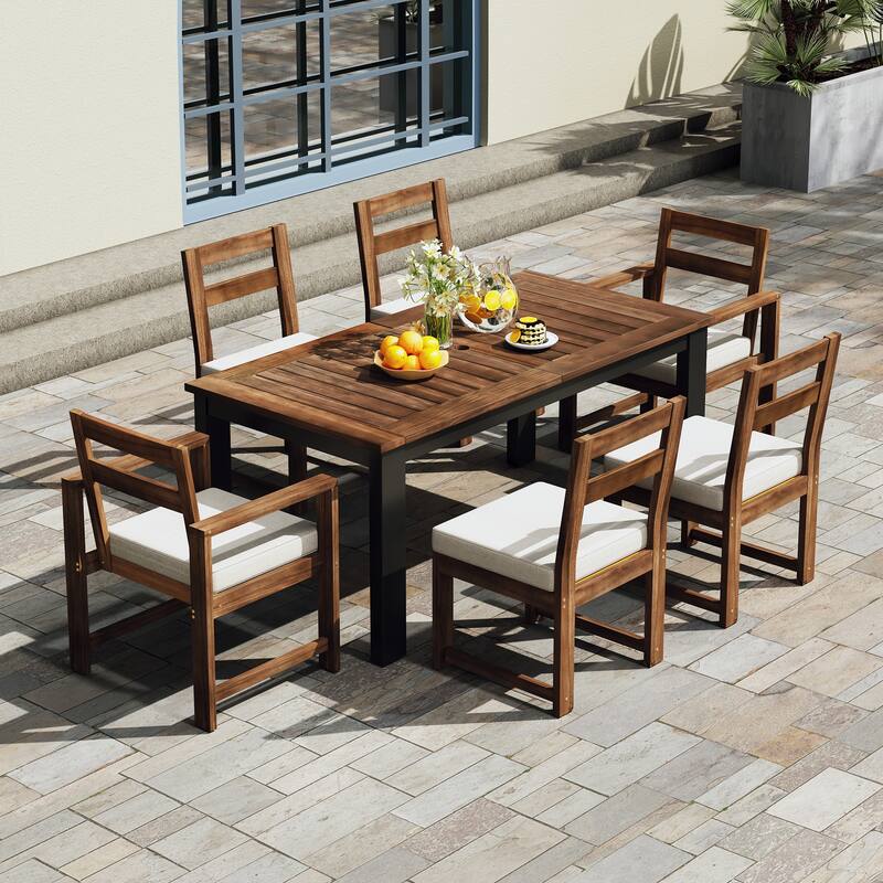 7 Piece Patio Table and Chairs Set, Wood Dining Table Set for 6 with Umbrella Hole, 2 Armchairs & 4 Side Chairs - Beige,Black,Mocha