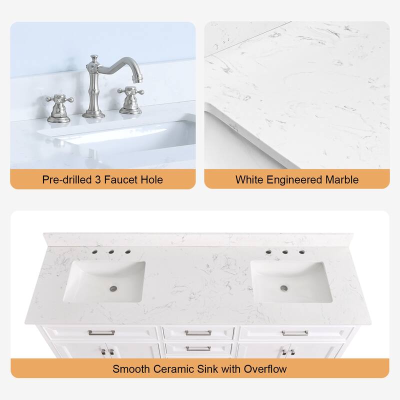 Prismarble Bathroom Vanity 72 in White with Marble Top & Backsplash, Double Sinks