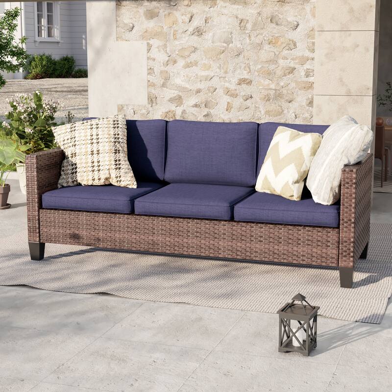 Livoosun Patio Outdoor Couch,3-Seater Furniture with Removable Cushion - Brown/Nvay Blue