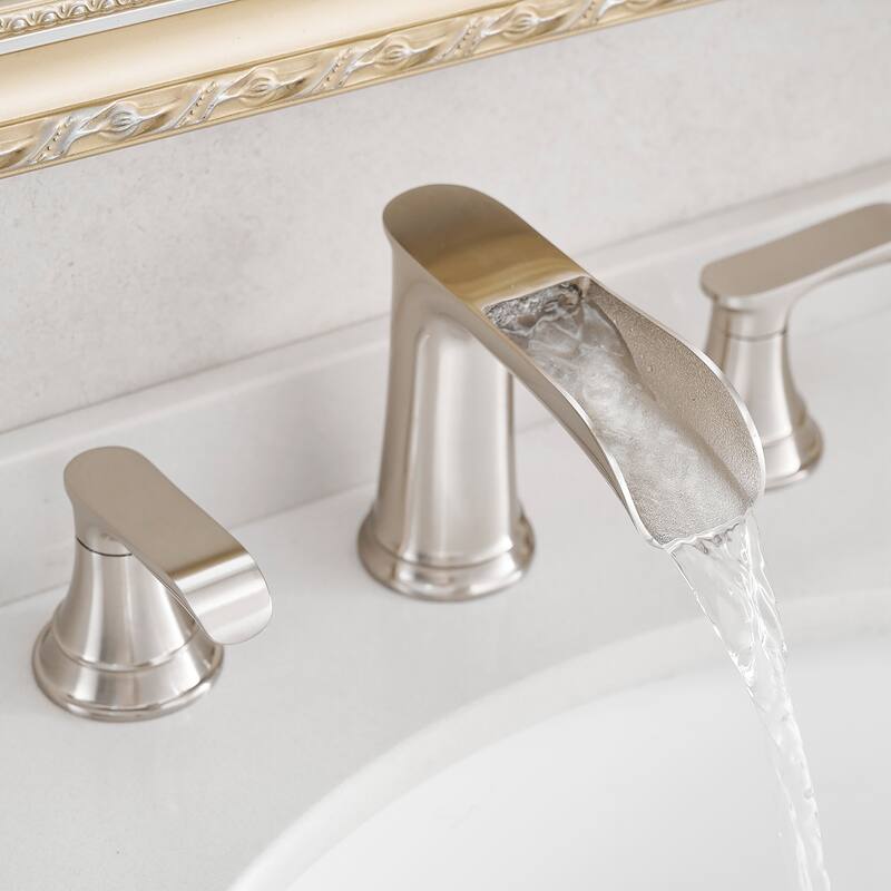 Double Handle Three-Hole Bath Waterfall Faucet with Drain - Brushed Nickel