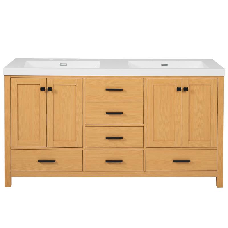 59.3" Double Sink Vanity with Solid Wood Frame, Soft-Close Doors & 5 Drawers, Black Handles