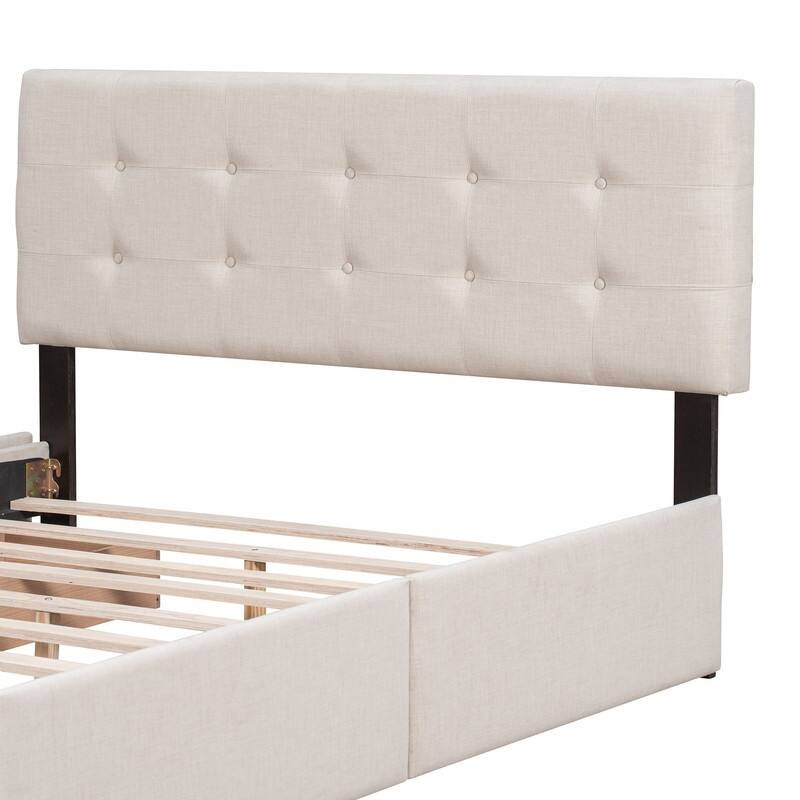 Queen Upholstered Bed Frame with 4 Drawers, Linen Fabric Platform Storage Bed with Classic Headboard and Wooden Slats Support