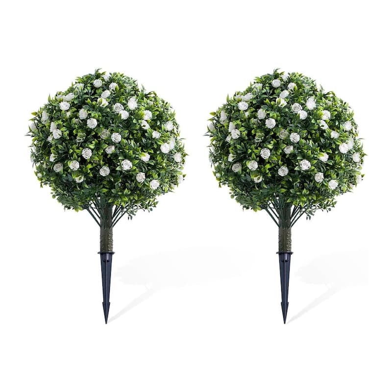 Set of 2/4 Artificial Topiary Ball Trees with Metal Stakes with Rose Flowers - White 2 pcs