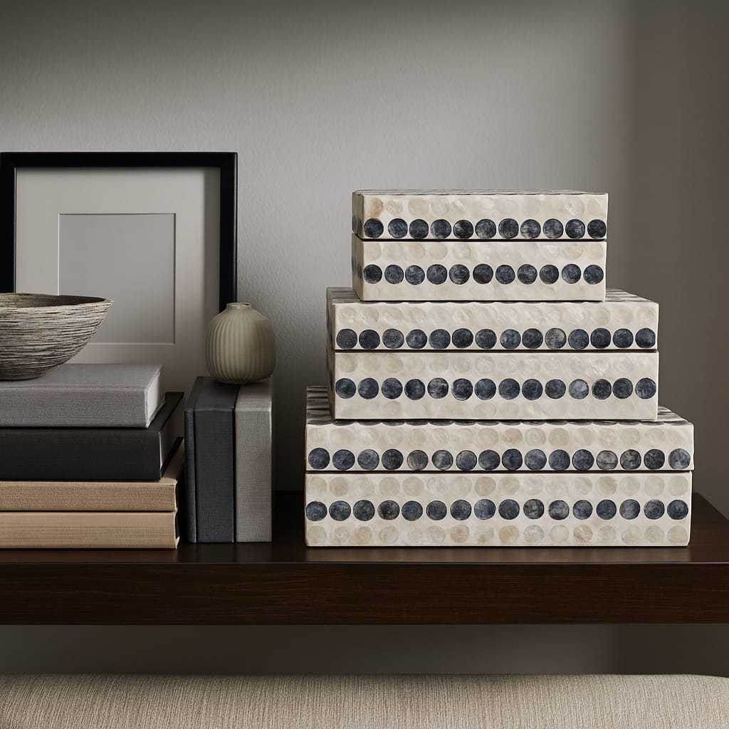 Dotted Decorative Box with Lid - Set of 3, 8", 11", 12", Ivory & Blue - 12.0"