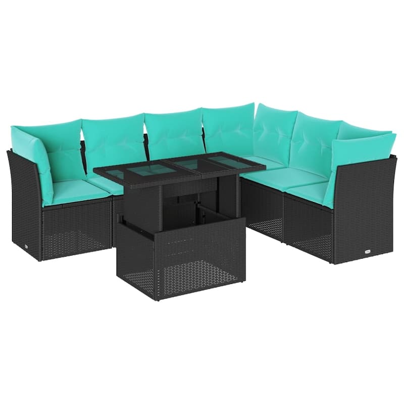 vidaXL 7 Piece Garden Sofa Set with Cushions Black Poly Rattan - 24.41 x 24.41 x 27.17