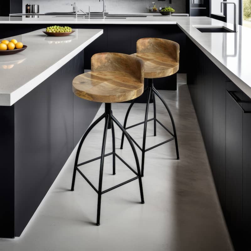 Pia 32-35 Extra Tall Adjustable Barstool, Natural Brown Mango Wood Seat, Black Iron Frame - Set of 2 - Brown - Adjustable