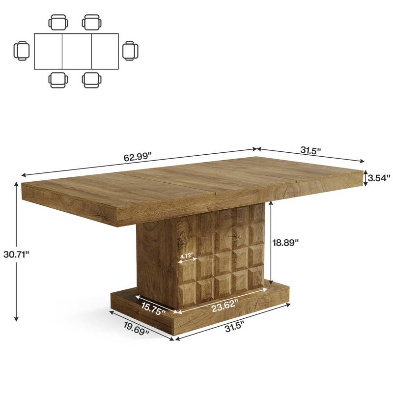 63'' Wood Rectangular Kitchen Dining Table with Pedestal for 4-6