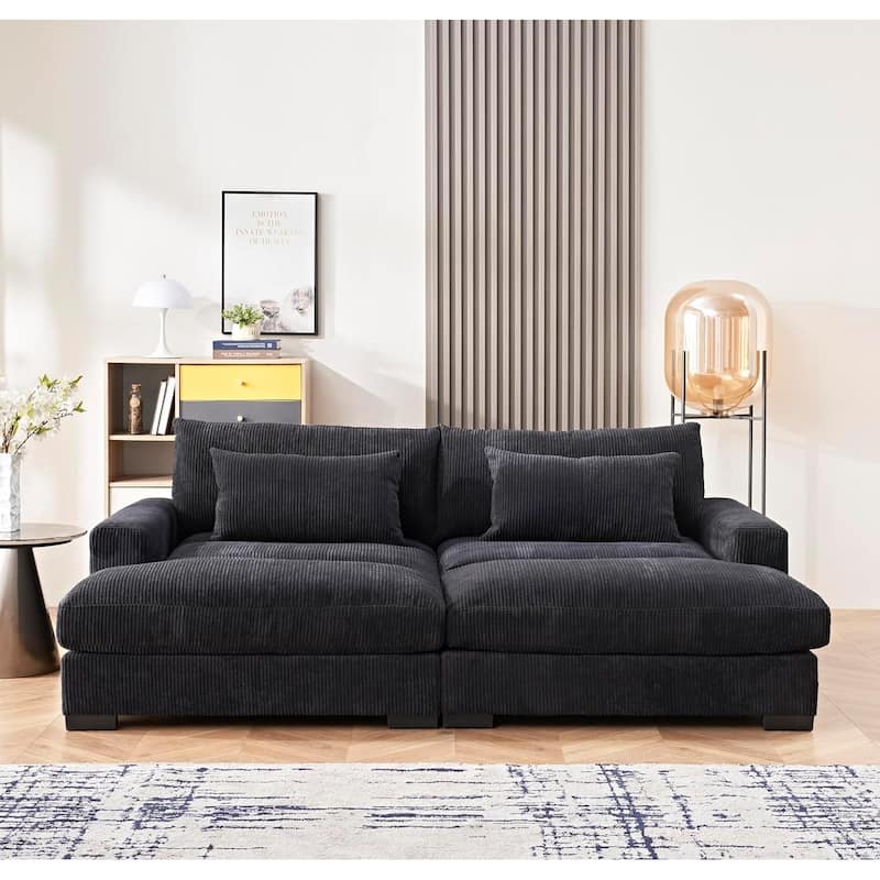 Luxe Sleeper Sofa with Soft Corduroy Upholstery Double Chaise Design Convertible to Twin Size Bed Extra Large
