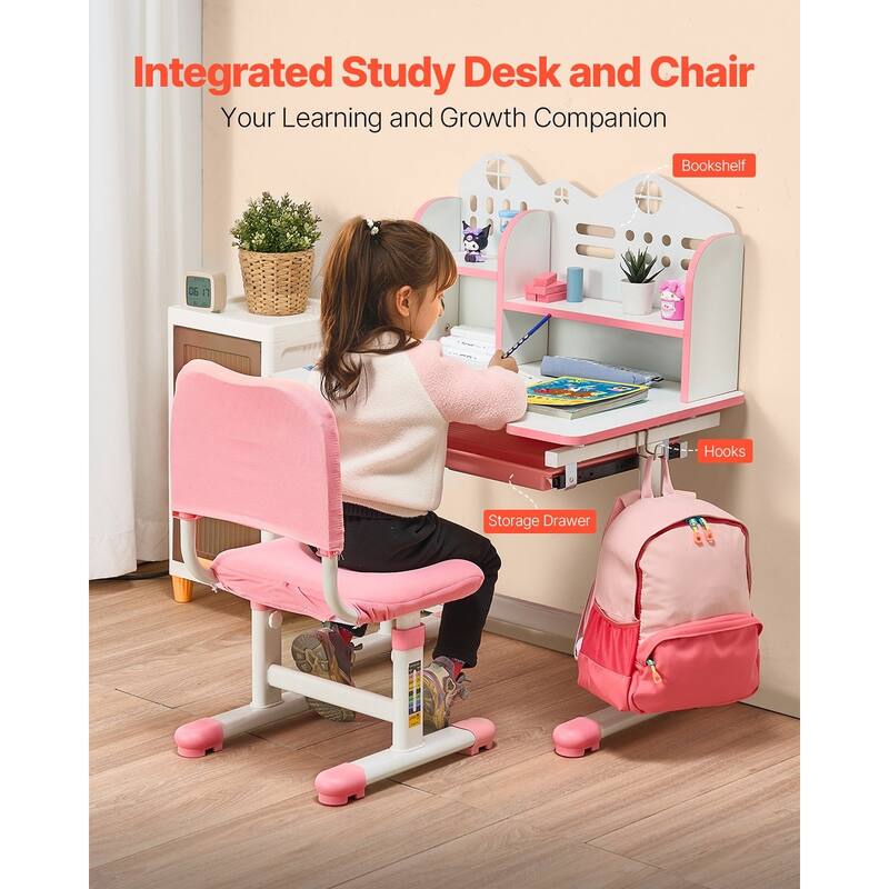 Pink Height Adjustable Kids Study Chair and Desk with Bookshelf and Drawer - 27.56 x 19.69 x (20.87 - 27.95) in