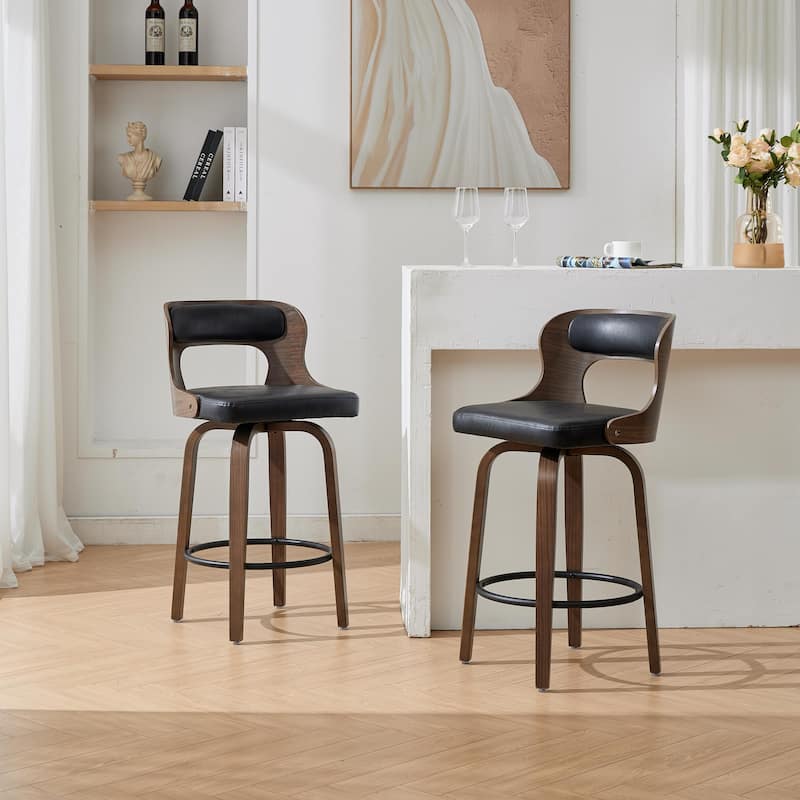 SEYNAR PU Leather 360 Degree Swivel Open Back Bar Stools Wood Legs Set of 2 - Black