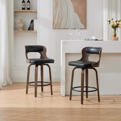 SEYNAR PU Leather 360 Degree Swivel Open Back Bar Stools Wood Legs Set of 2