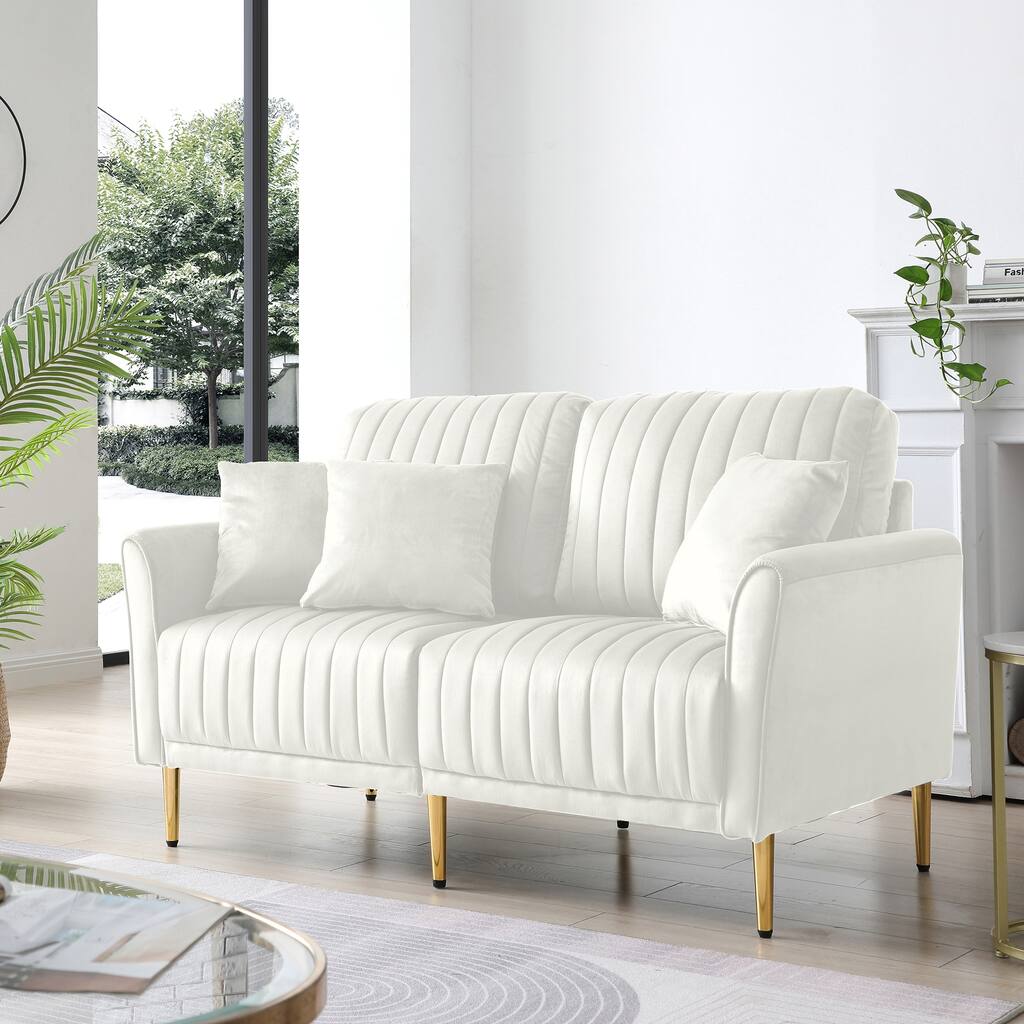 Cream Luxurious Channel Tufted Loveseat Sofa, Reversible Cushions