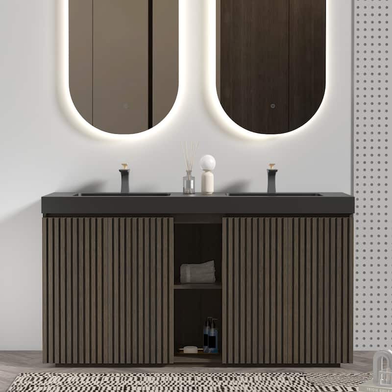 GDFStudio - Galan 60" Freestanding Bathroom Vanity with Quartz Sink, Solf Close Doors, Open Storage Shelf, NO Drain & Faucet - Oak,Smoke+Black