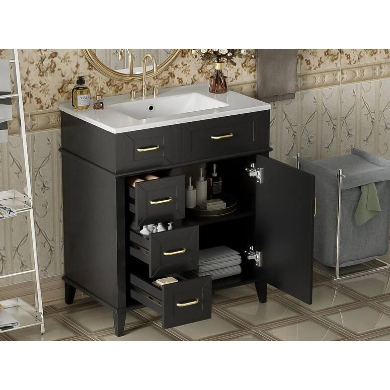 GDFStudio - Snowdon Transitional Freestanding Bathroom Vanity Cabinet with Ceramic Sink, Soft Close Drawers & Adjustable Storage