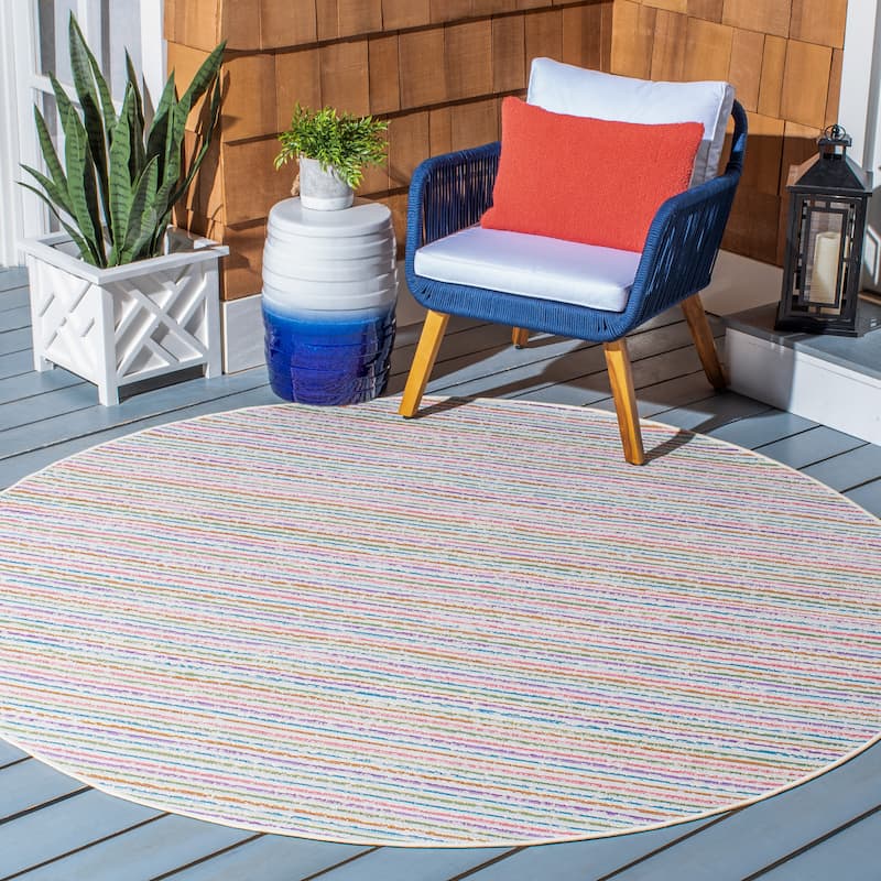SAFAVIEH Summer Willemien Boho Indoor/ Outdoor Waterproof Patio Backyard Rug - 6'7" Round - Ivory/Blue