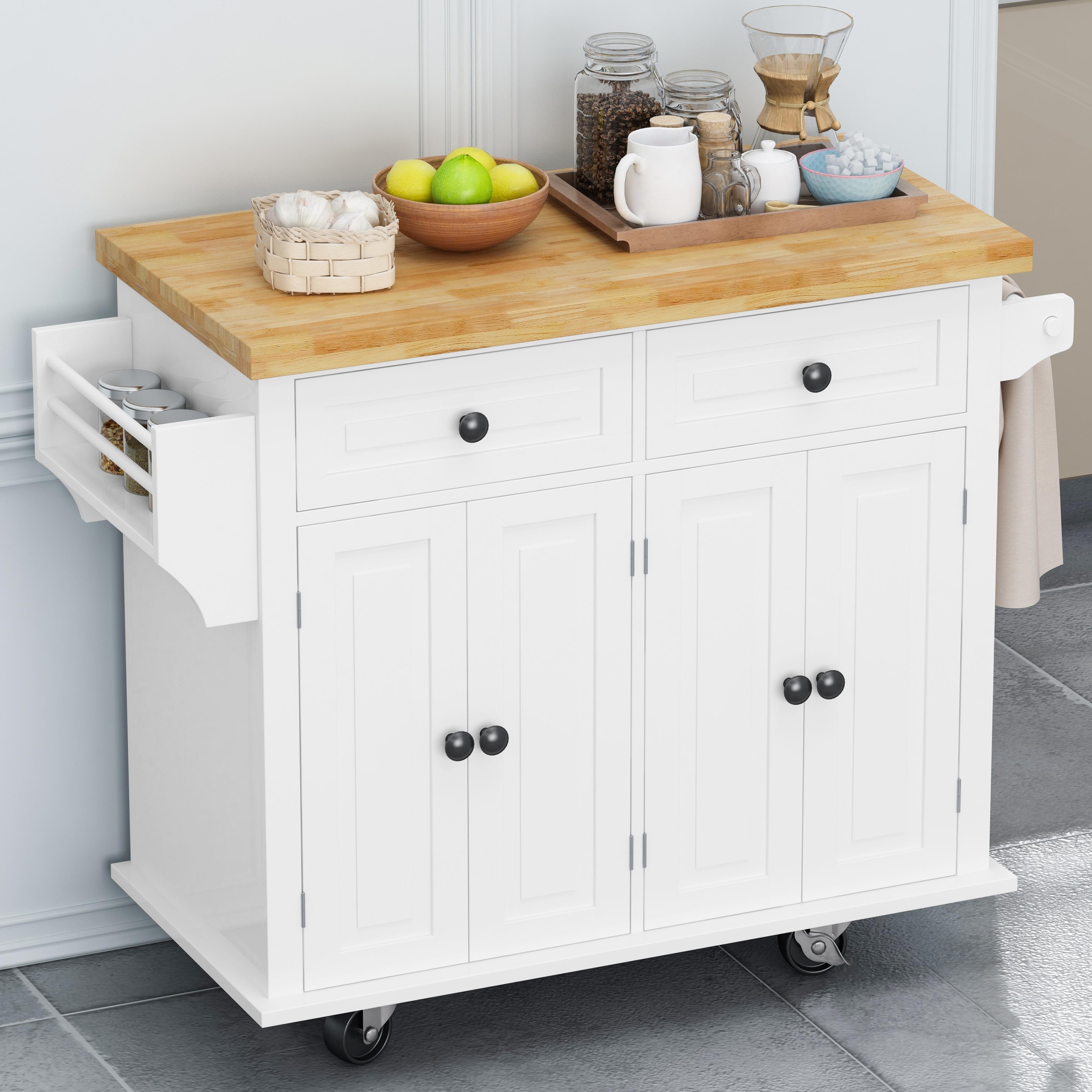 White Wood Storage Cabinet, Microwave Cart with 2 Doors 4 Casters