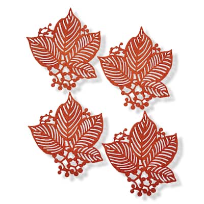 Leaf Berry Coaster Set - Terracotta Orange Fall Harvest Coasters for Bar - 5.4" x 5.4" x 0.2" - Spot Clean