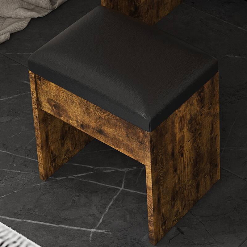 Vanity Table with Mirror & Adjustable LED Lights, Power Outlet, Hairdryer Holder & Stool - Compact Dressing Desk