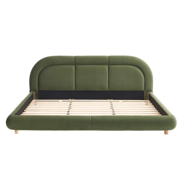 King Size Velvet Upholstered Platform Bed with Curved Headboard